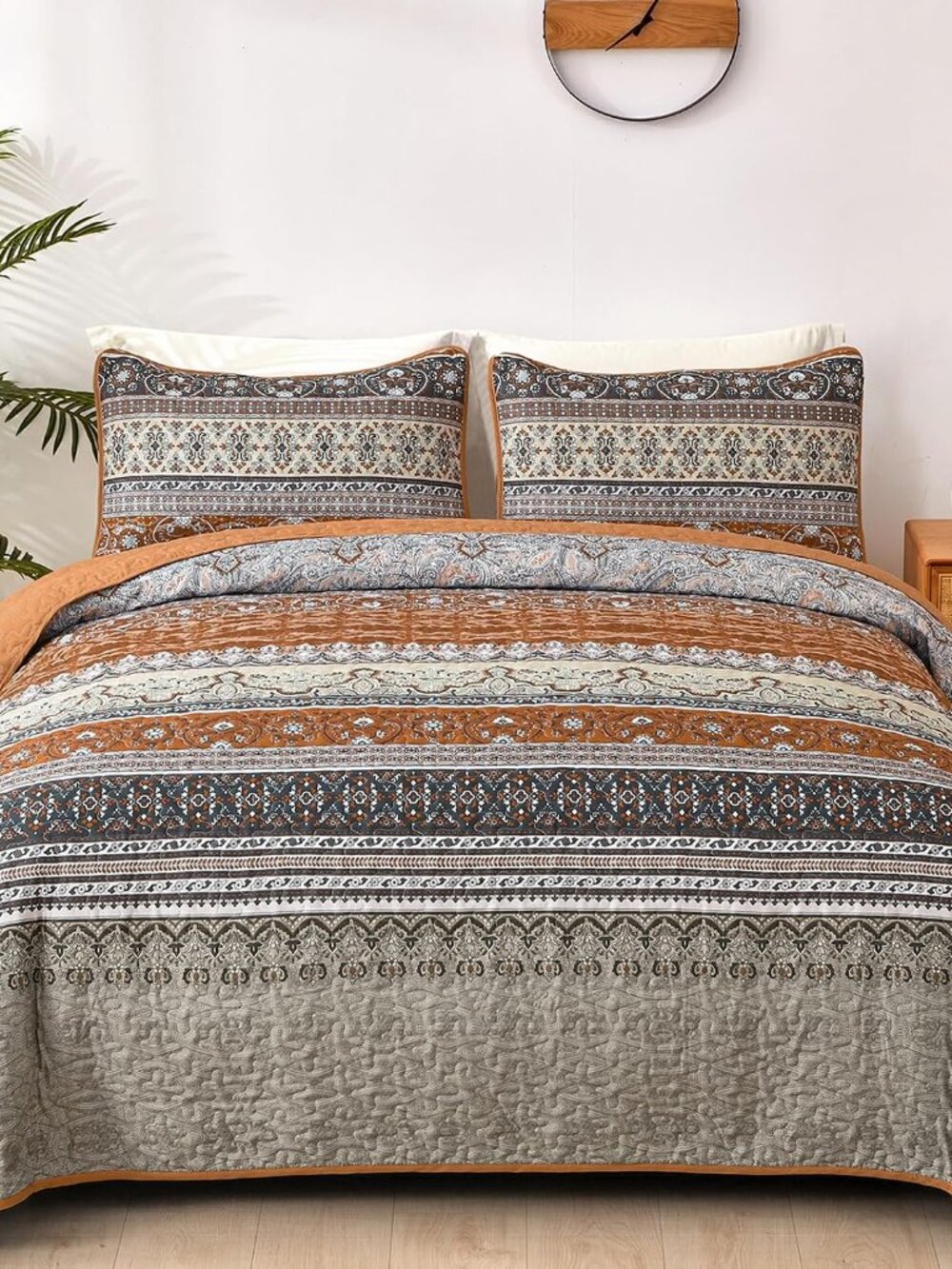 Boho Queen Quilt Bedding Set, 3 Pieces Bedspread, Brown Grey